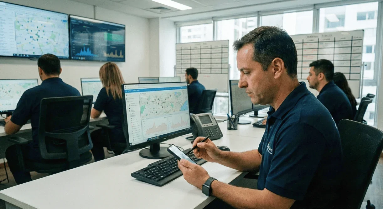 Padre de familia revisando en su celular la ubicaci&oacute;n segura de su camioneta van mediante app de rastreo GPS. Prompt IA: Fotograf&iacute;a realista de un padre de familia latino, vestido casual, mirando su smartphone con tranquilidad y una sonrisa leve. En el fondo, desenfocado pero reconocible, se ve su camioneta van o pickup estacionada segura fuera de una casa bonita. Iluminaci&oacute;n de d&iacute;a, c&aacute;lida. Transmite paz mental y control.